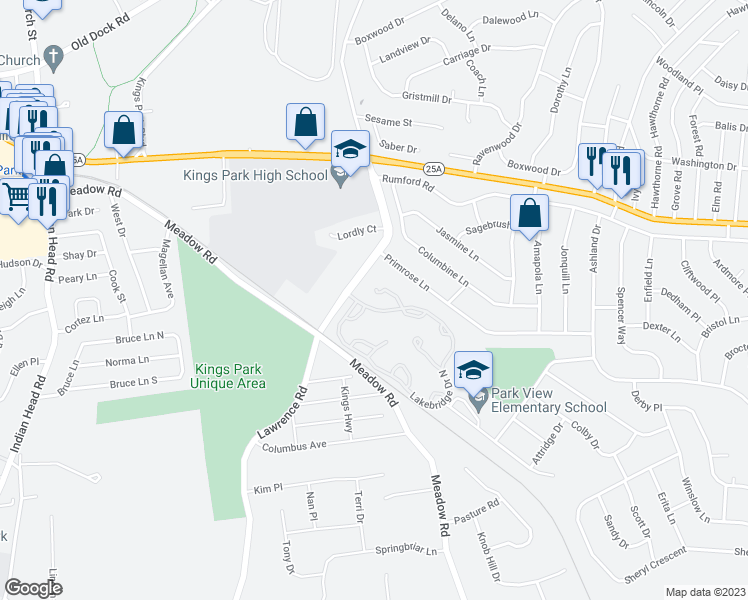 map of restaurants, bars, coffee shops, grocery stores, and more near 172 Lakebridge Drive North in Kings Park