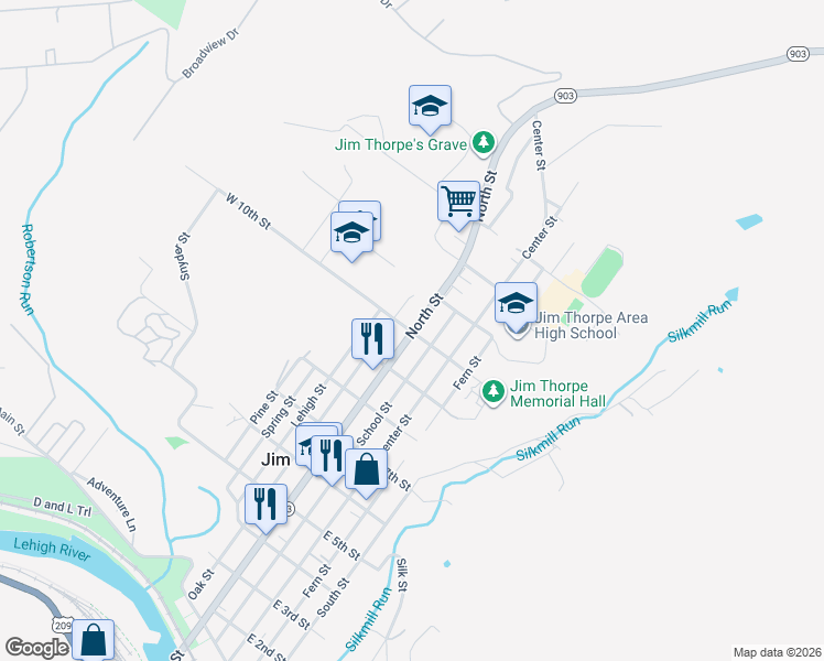 map of restaurants, bars, coffee shops, grocery stores, and more near 150 West 10th Street in Jim Thorpe