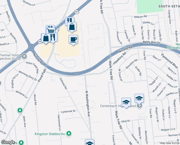 map of restaurants, bars, coffee shops, grocery stores, and more near 41 Hawkins Avenue in Setauket- East Setauket