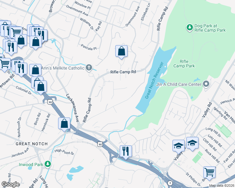 map of restaurants, bars, coffee shops, grocery stores, and more near 769 Rifle Camp Road in Woodland Park