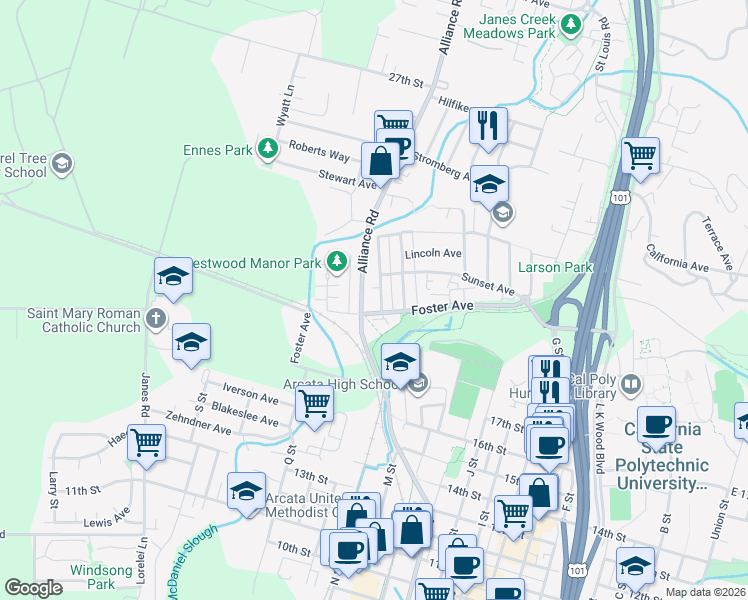 map of restaurants, bars, coffee shops, grocery stores, and more near in Arcata