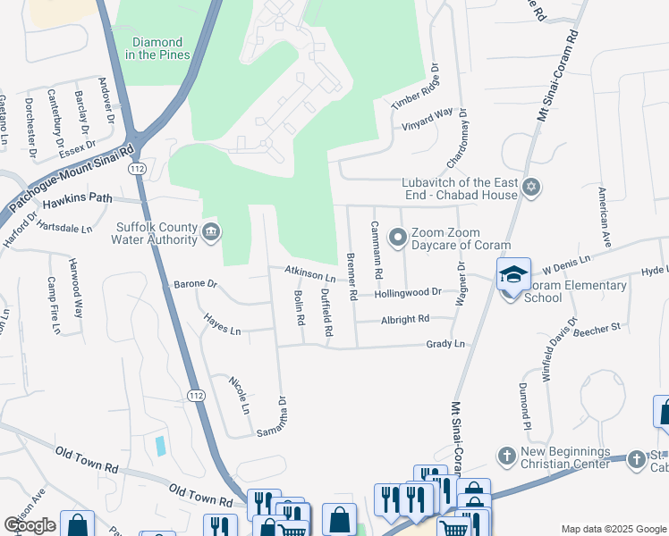 map of restaurants, bars, coffee shops, grocery stores, and more near 5 Atkinson Lane in Coram