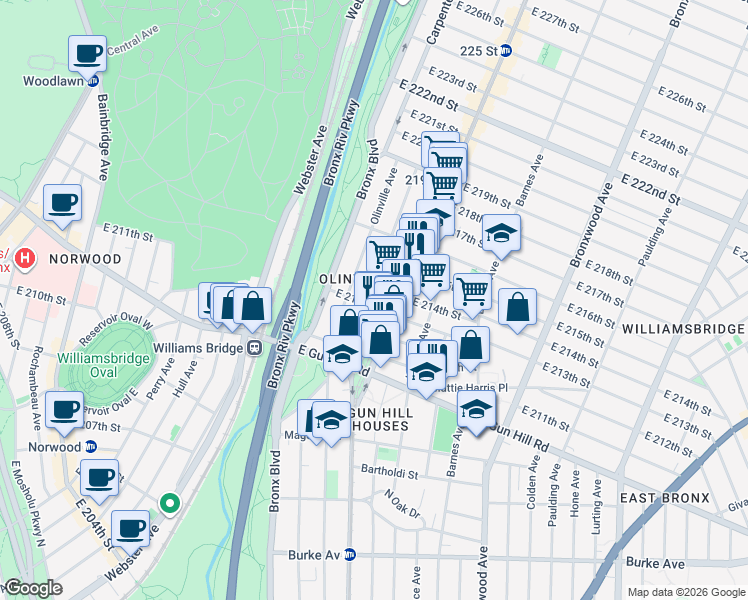map of restaurants, bars, coffee shops, grocery stores, and more near 679 East 213th Street in Bronx