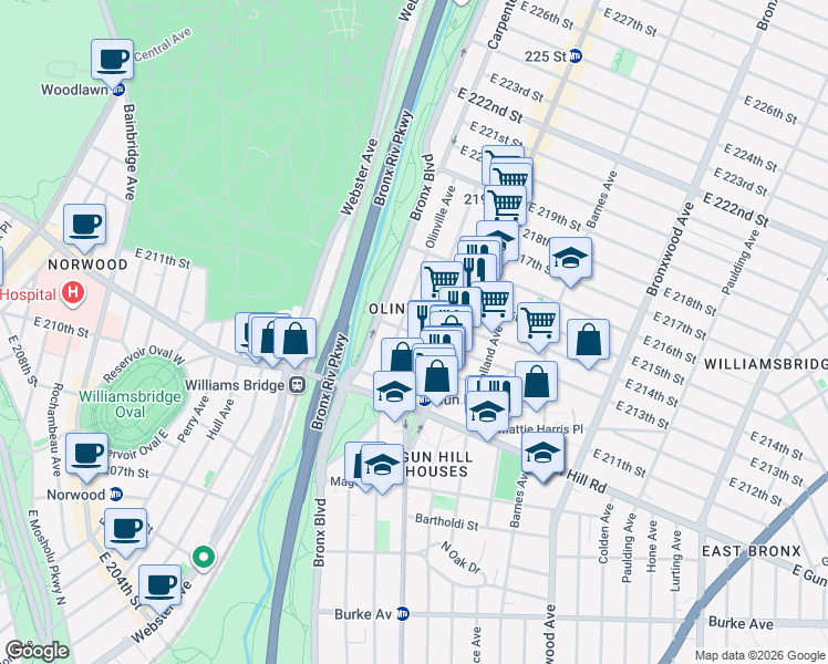 map of restaurants, bars, coffee shops, grocery stores, and more near 679 East 213th Street in Bronx