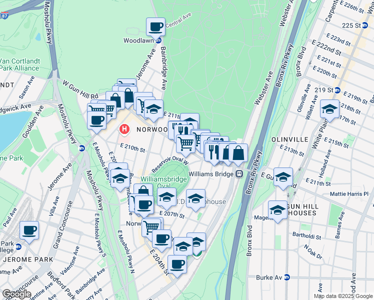 map of restaurants, bars, coffee shops, grocery stores, and more near 275c East Gun Hill Road in Bronx