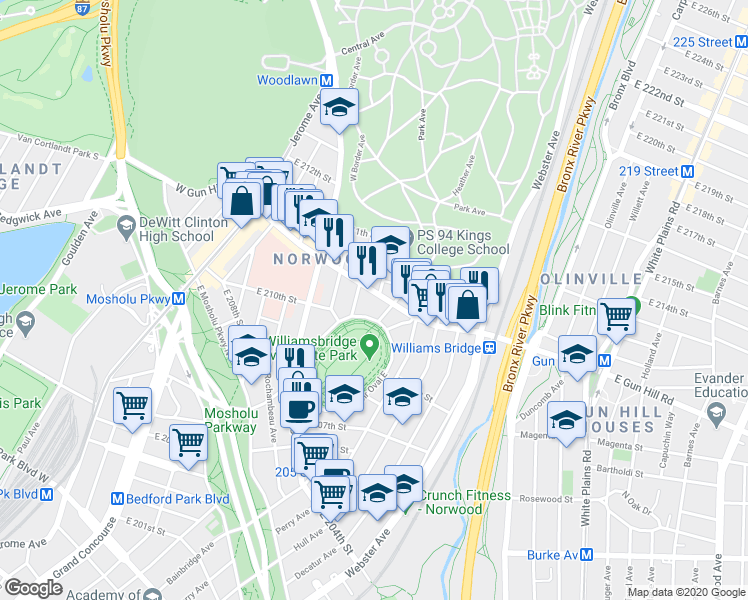 map of restaurants, bars, coffee shops, grocery stores, and more near 3395 Reservoir Oval West in The Bronx