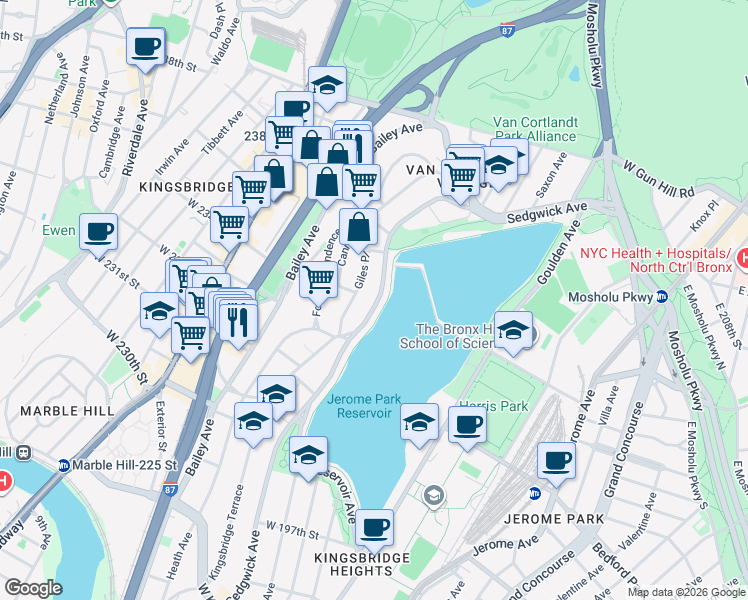 map of restaurants, bars, coffee shops, grocery stores, and more near 3343 Sedgwick Avenue in Bronx