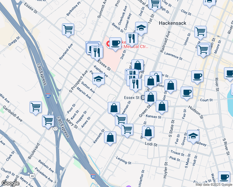 map of restaurants, bars, coffee shops, grocery stores, and more near 50 Polifly Road in Hackensack