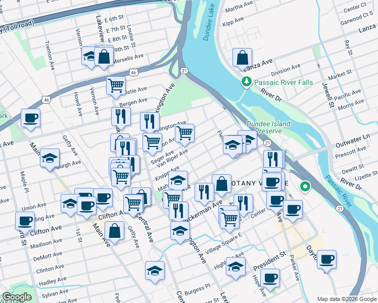 map of restaurants, bars, coffee shops, grocery stores, and more near 109 Van Riper Avenue in Clifton