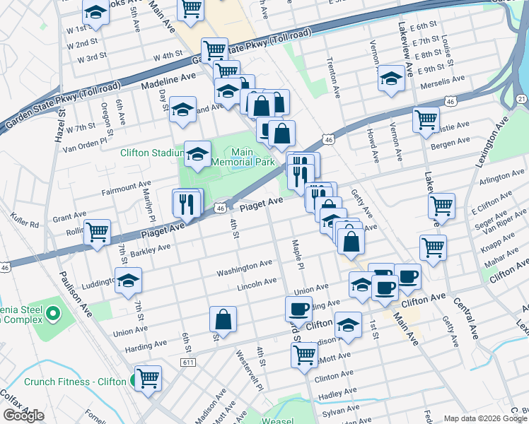 map of restaurants, bars, coffee shops, grocery stores, and more near 82 Barkley Avenue in Clifton