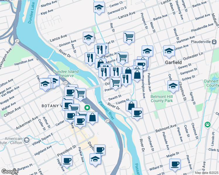 map of restaurants, bars, coffee shops, grocery stores, and more near 25 Prescott Ave in Garfield