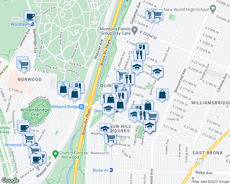 map of restaurants, bars, coffee shops, grocery stores, and more near 3601 Willett Avenue in Bronx
