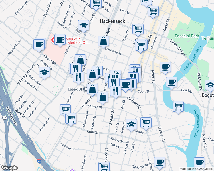 map of restaurants, bars, coffee shops, grocery stores, and more near 31 Union Street in Hackensack
