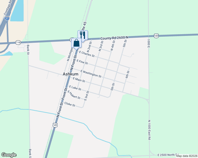 map of restaurants, bars, coffee shops, grocery stores, and more near 303 East Main Street in Ashkum