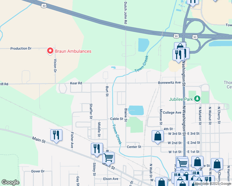 map of restaurants, bars, coffee shops, grocery stores, and more near 539 Collins Avenue in Van Wert