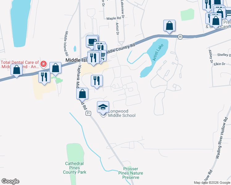 map of restaurants, bars, coffee shops, grocery stores, and more near 296 Artist Lake Drive in Middle Island