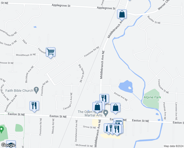 map of restaurants, bars, coffee shops, grocery stores, and more near 6865 Sun Valley Avenue Northeast in Canton