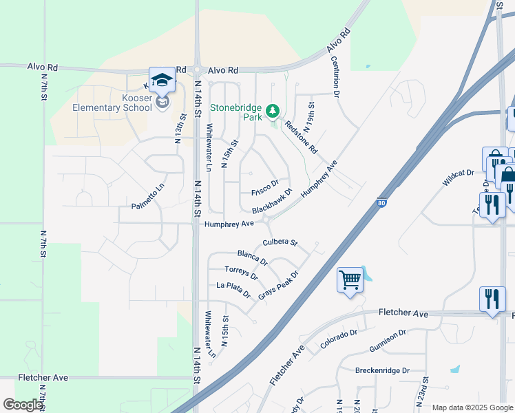 map of restaurants, bars, coffee shops, grocery stores, and more near 1650 Blackhawk Drive in Lincoln