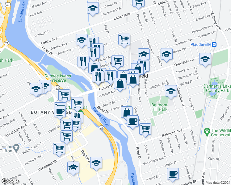 map of restaurants, bars, coffee shops, grocery stores, and more near 56 Prescott Avenue in Garfield