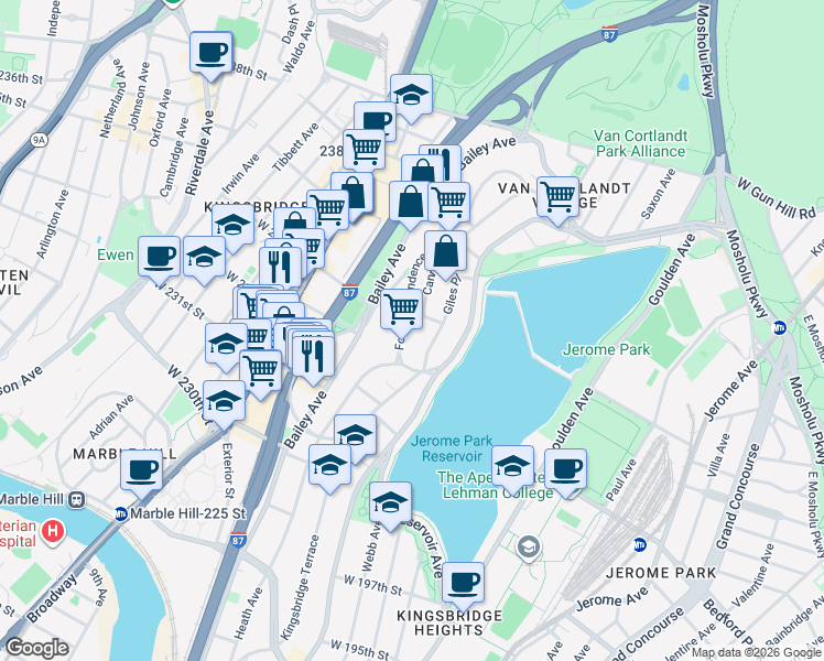 map of restaurants, bars, coffee shops, grocery stores, and more near 3358 Fort Independence Street in Bronx