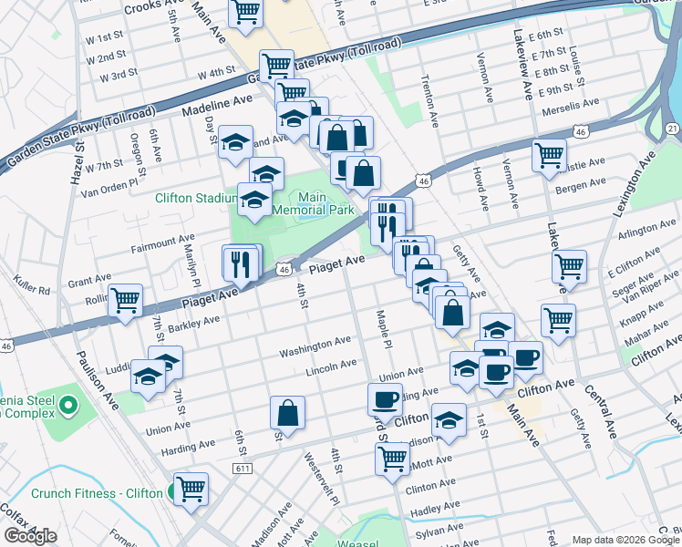 map of restaurants, bars, coffee shops, grocery stores, and more near 82 Barkley Avenue in Clifton