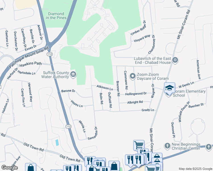 map of restaurants, bars, coffee shops, grocery stores, and more near 5 Atkinson Lane in Coram