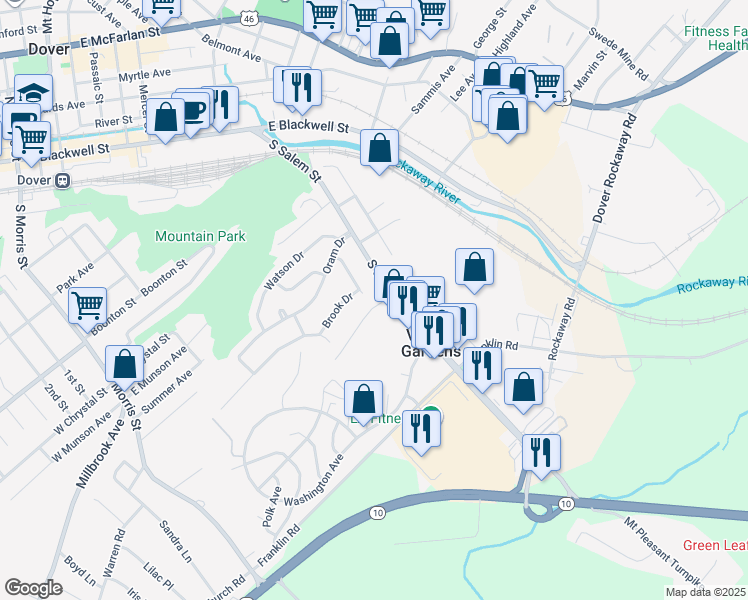 map of restaurants, bars, coffee shops, grocery stores, and more near 105 Boulder Ridge in Randolph