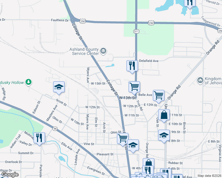 map of restaurants, bars, coffee shops, grocery stores, and more near 231 West 14th Street in Ashland