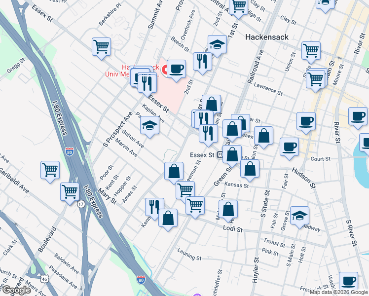 map of restaurants, bars, coffee shops, grocery stores, and more near 50 Polifly Road in Hackensack