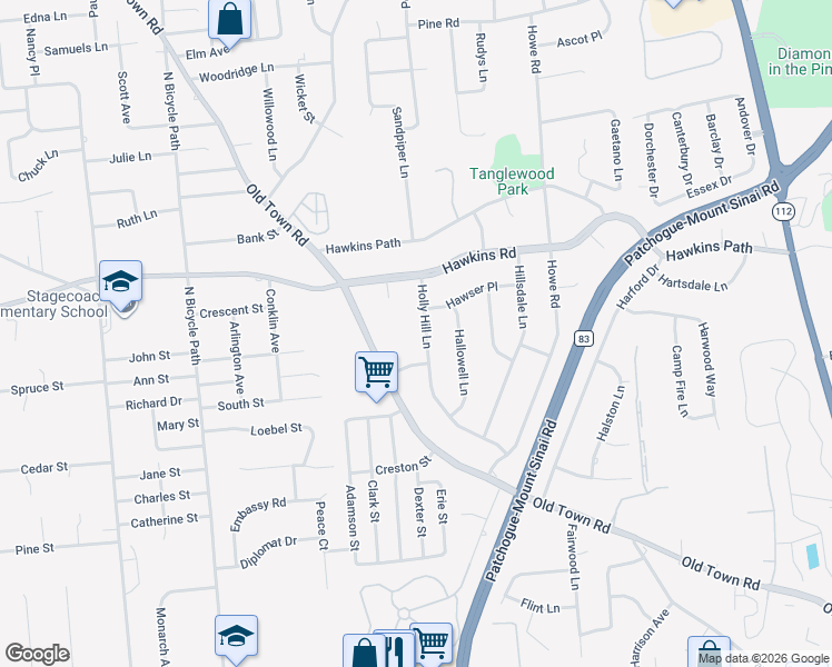 map of restaurants, bars, coffee shops, grocery stores, and more near 12 Holly Hill Lane in Coram
