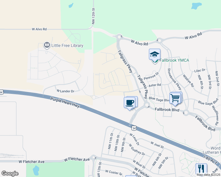 map of restaurants, bars, coffee shops, grocery stores, and more near 801 Aster Road in Lincoln