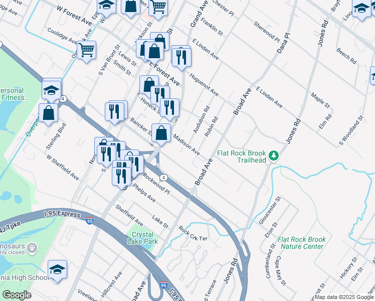 map of restaurants, bars, coffee shops, grocery stores, and more near 150 Madison Avenue in Englewood