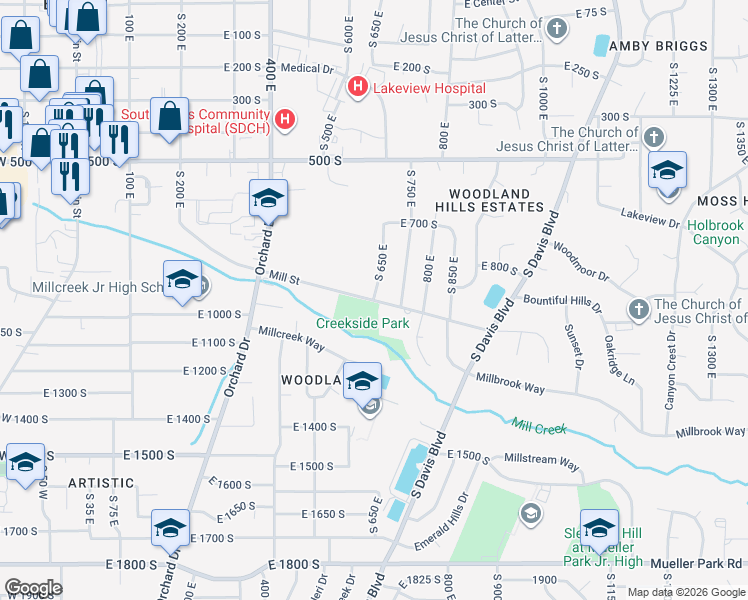 map of restaurants, bars, coffee shops, grocery stores, and more near Mill Street in Bountiful