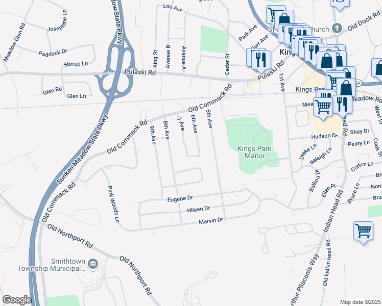 map of restaurants, bars, coffee shops, grocery stores, and more near 75 6th Avenue in Kings Park