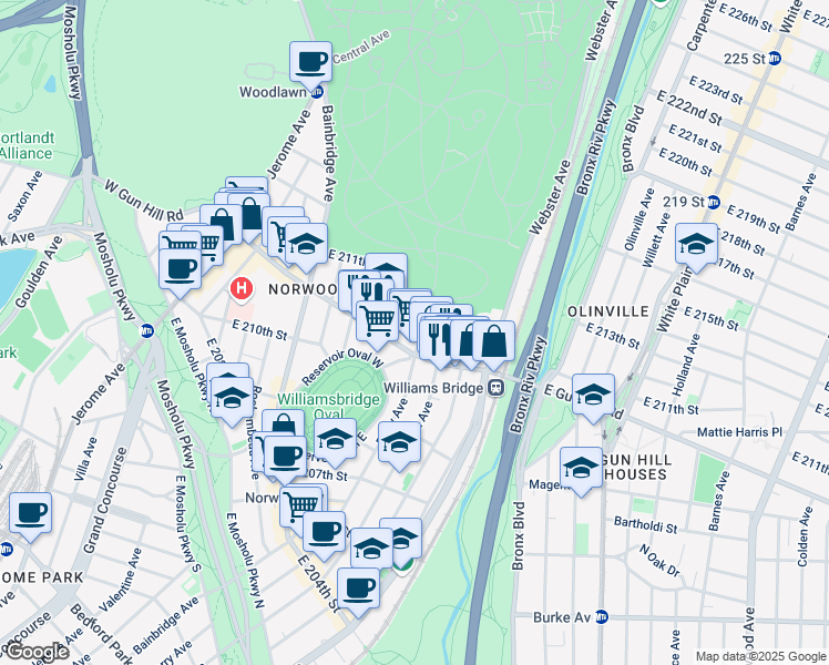 map of restaurants, bars, coffee shops, grocery stores, and more near 275c East Gun Hill Road in Bronx