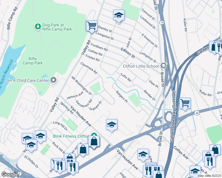 map of restaurants, bars, coffee shops, grocery stores, and more near 68 Rutgers Place in Clifton