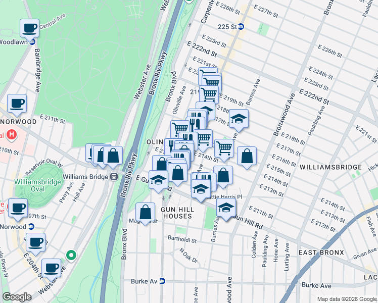 map of restaurants, bars, coffee shops, grocery stores, and more near White Plains Rd & E 214th St in Bronx