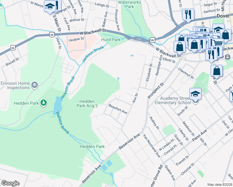 map of restaurants, bars, coffee shops, grocery stores, and more near 40 Fox Hill Drive in Dover
