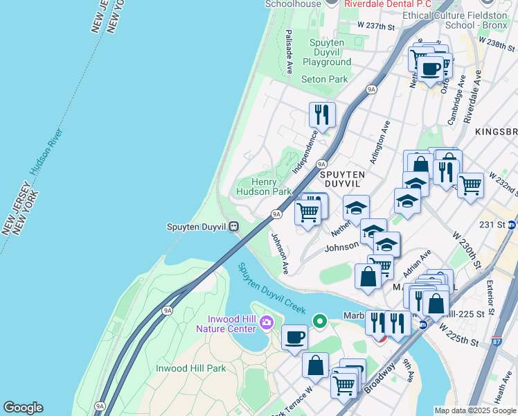 map of restaurants, bars, coffee shops, grocery stores, and more near 2390 Palisade Avenue in The Bronx