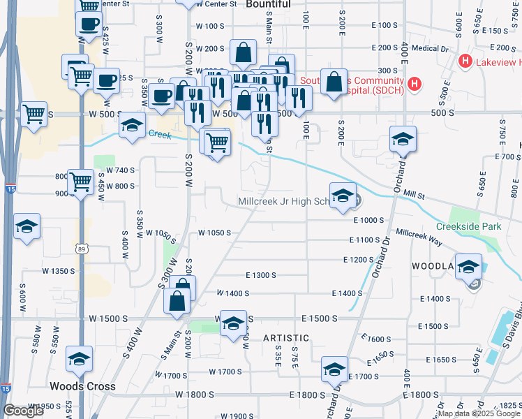 map of restaurants, bars, coffee shops, grocery stores, and more near 7 East 1000 South in Bountiful