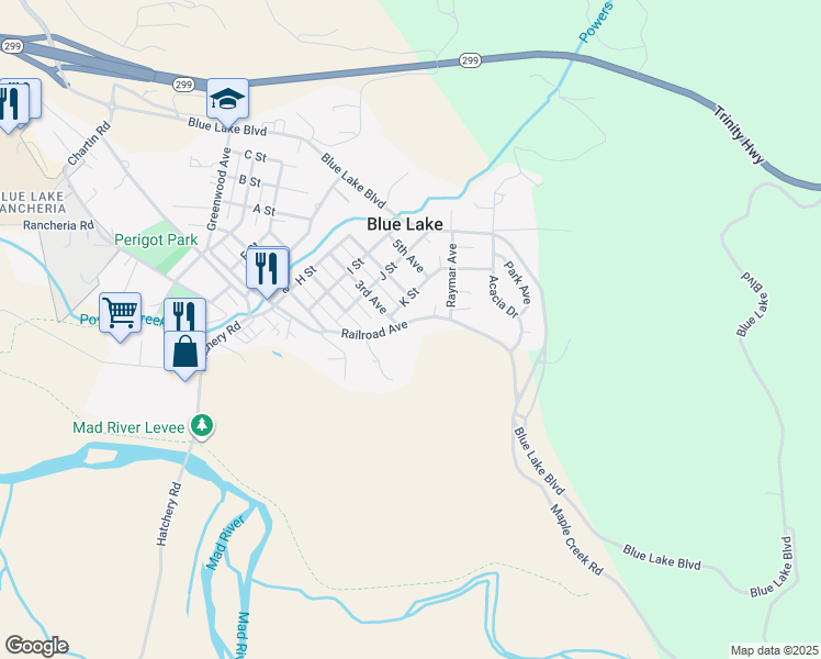 map of restaurants, bars, coffee shops, grocery stores, and more near 790 Railroad Avenue in Blue Lake