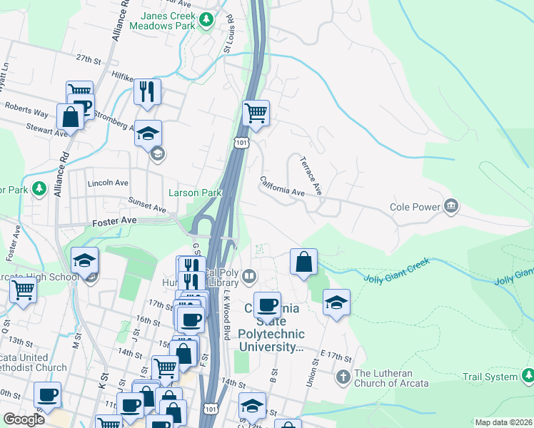 map of restaurants, bars, coffee shops, grocery stores, and more near Granite Avenue in Arcata