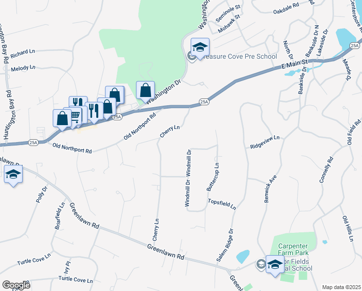 map of restaurants, bars, coffee shops, grocery stores, and more near 65 Windmill Drive in Huntington