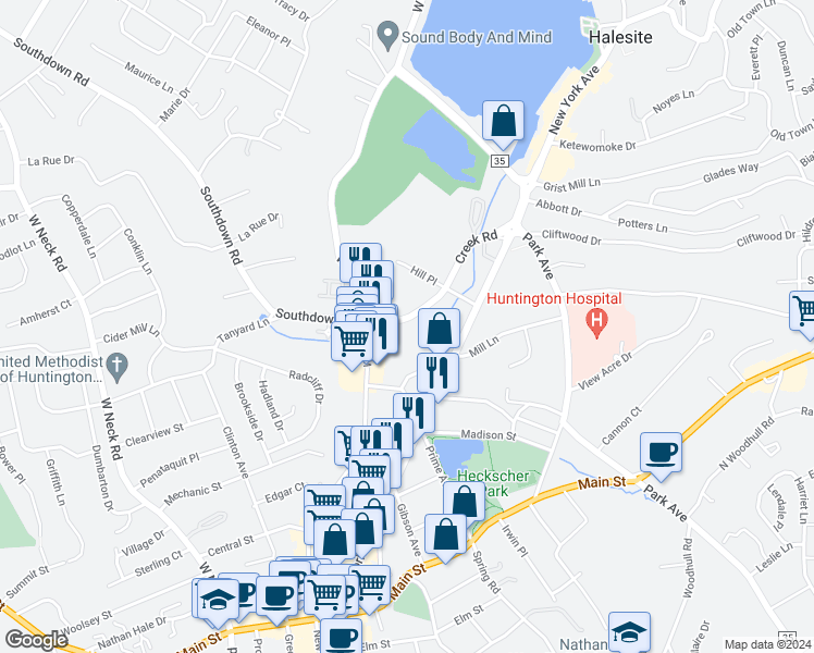 map of restaurants, bars, coffee shops, grocery stores, and more near 16 Creek Road in Halesite