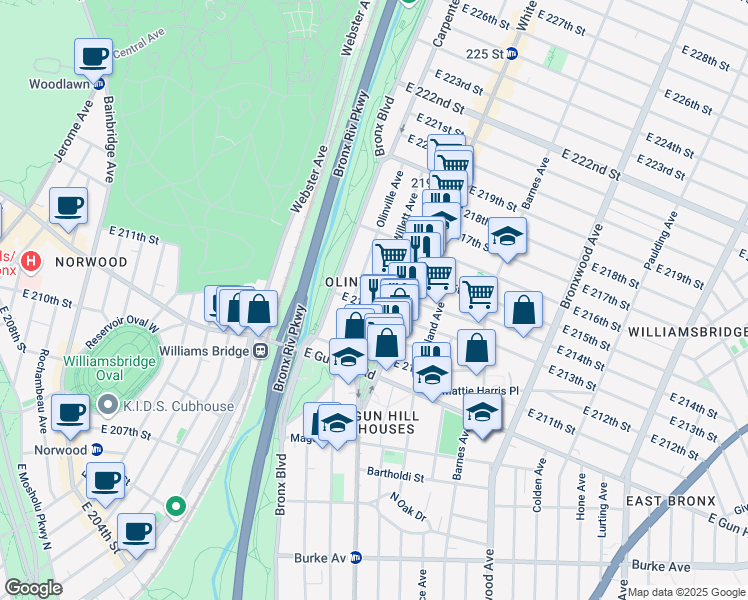 map of restaurants, bars, coffee shops, grocery stores, and more near 679 East 213th Street in Bronx