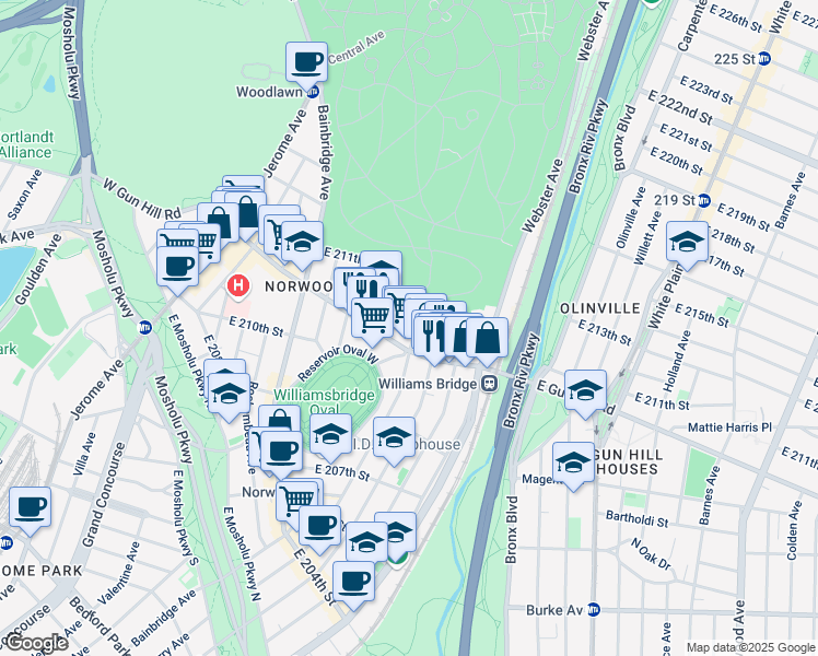 map of restaurants, bars, coffee shops, grocery stores, and more near 275c East Gun Hill Road in Bronx