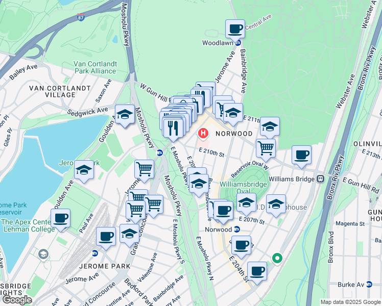 map of restaurants, bars, coffee shops, grocery stores, and more near 46 East 208th Street in Bronx