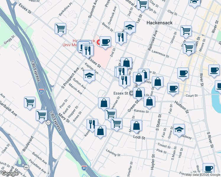 map of restaurants, bars, coffee shops, grocery stores, and more near 50 Polifly Road in Hackensack