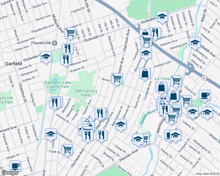 map of restaurants, bars, coffee shops, grocery stores, and more near 399 Harrison Avenue in Garfield