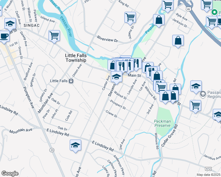 map of restaurants, bars, coffee shops, grocery stores, and more near 56 Stevens Avenue in Little Falls